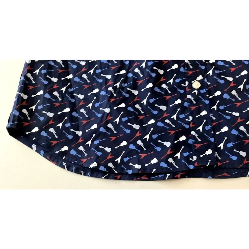 Ben Sherman Men’s Lg Navy Blue Guitar Print S/S Button Up Shirt Stretch Fit EUC